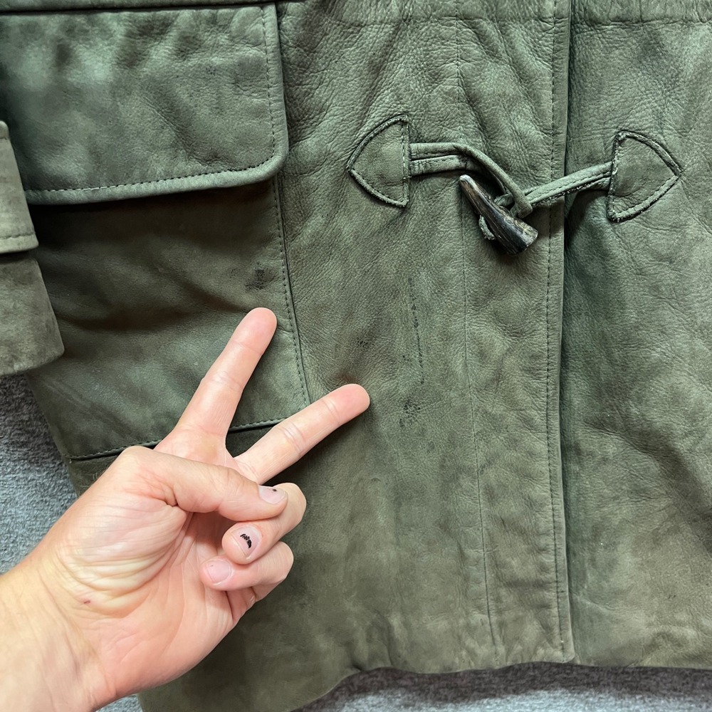 Vintage Burberry Suede Leather Duffle Toggle Coat Olive Green Jacket Womens - Picture 6 of 16